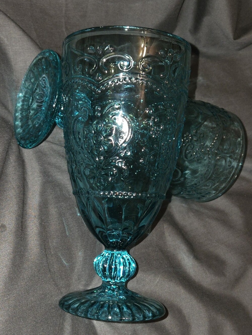 2-The Pioneer Woman Turquoise Blue Teal Amelia Tea Water 7" Goblet Glass 14 oz.